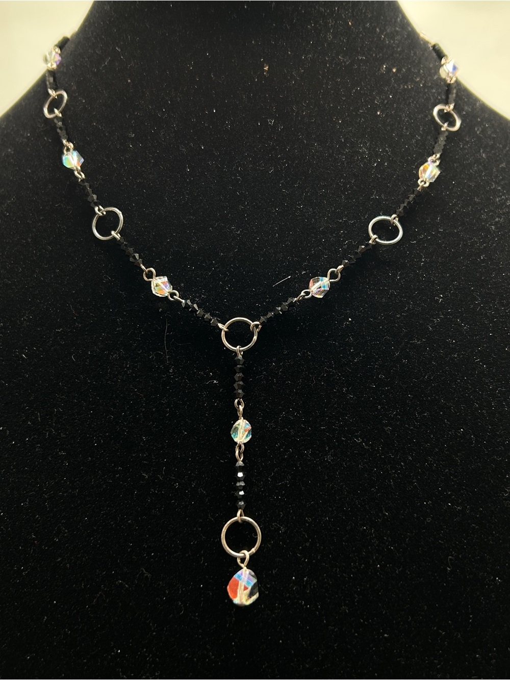 Emily Ray, Sterling Silver And Clear AB And Black Crystal Drop Necklace